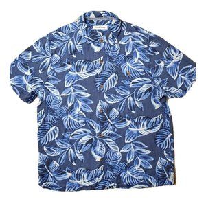 Tommy Bahama Men's L Blue Leaf Print Casual Button Shirt 100% Silk Short Sleeve